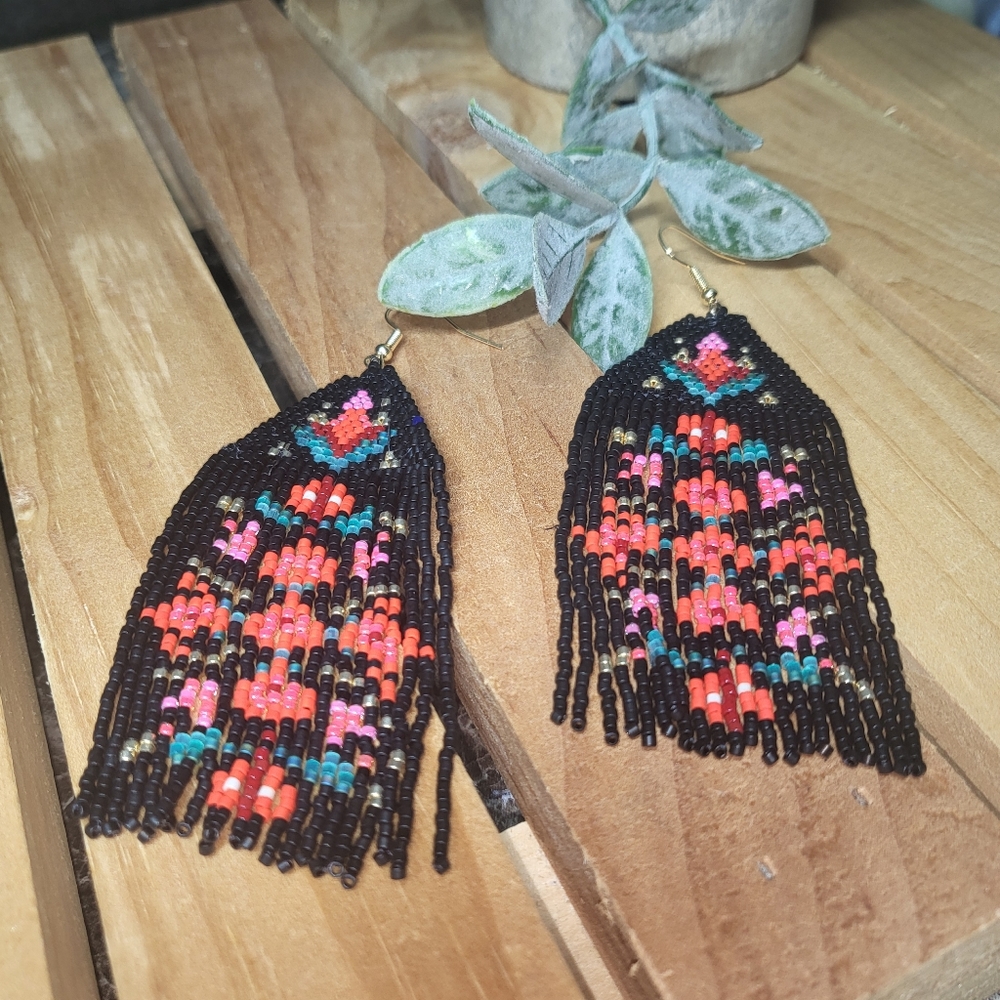 Handmade Beaded Floral Folk Blossoms Fringe Earrings - Fiona - Picture 3 of 8